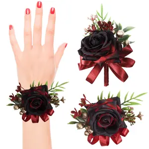 2 Pcs Wine Red Rose Wrist Corsage and Boutonniere Set, Rose Corsage Hand for Women, Boutonniere for Men Wedding Artificial Flowers Accessories Prom Decor, Wedding Flower Party Accessories (Wine Red)