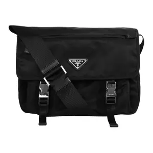 Prada Triangle Logo Double-Buckle Nylon Messenger Crossbody Bag in Medium Size for Men and Women in Black