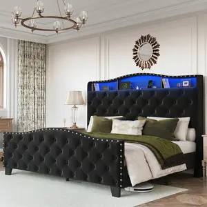 [SummerVibes]Belffin King Size Bed Frame and Headboard, 50.9" Velvet Upholstered Wingback Bedframe with LED Lights & Storage/Charging Station, Button Tufted Tall Footboard, No Box Spring Needed, Noise-Free, Black