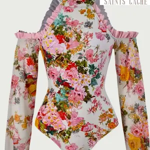 Victorian Floral Kitty Collar Meshed Long Sleeve Bathing Suit Womenswear Clothing Fabric Bodysuits