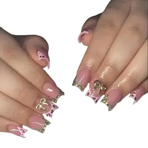 24Pcs Spicy Girls Bowknots Press on Nails Leopard Print French Style Fake Nail Diamnod Heart Butterfly Decor Square False Nail YADORNOS