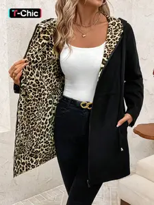 Women's Hooded Zipper Woven Fitted Lightweight Jacket, Casual Jackets, Leopard Print & Solid Color Reversible Design, Casual Street Style, All Seasons Wear, Lady Tops
