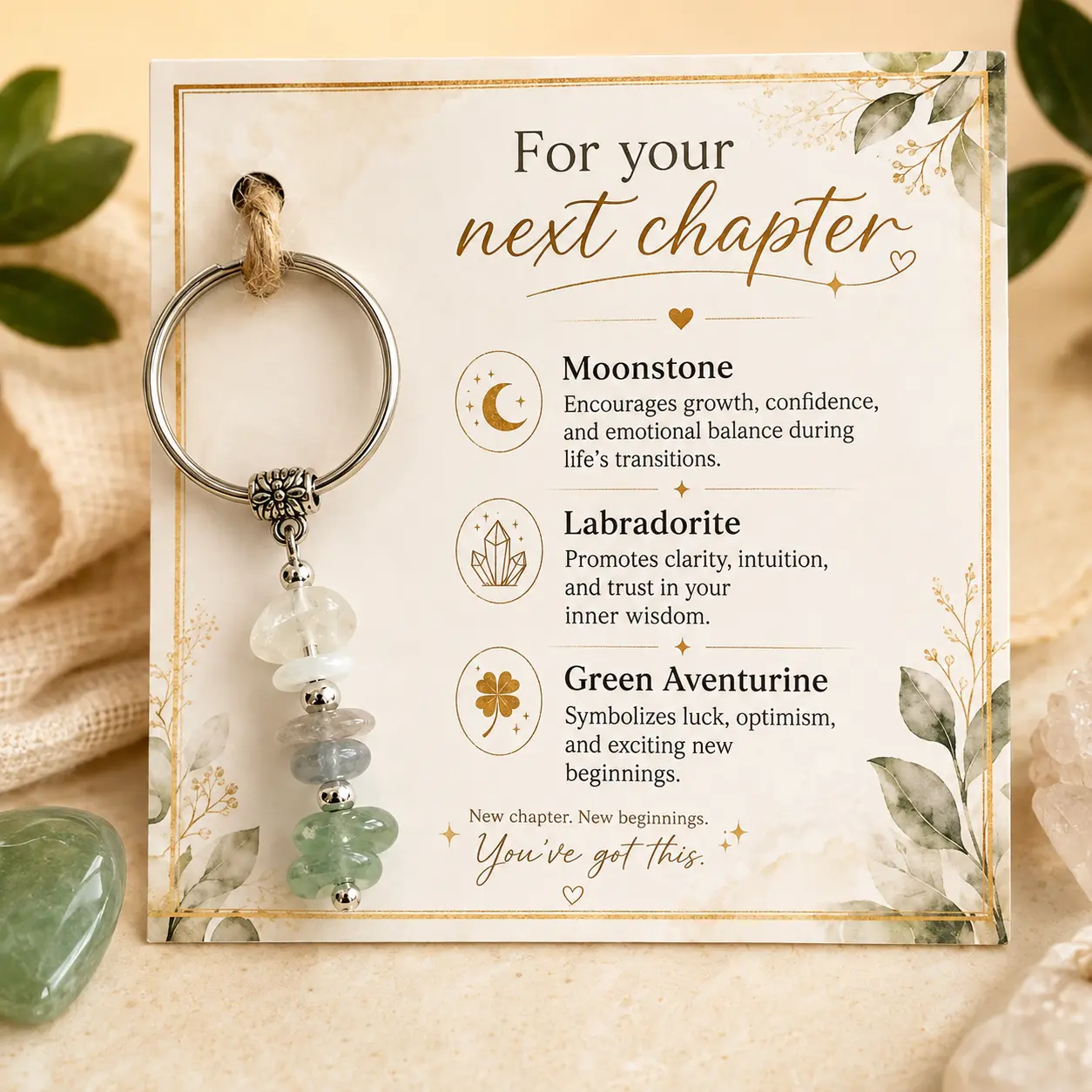 New Chapter Crystal Keychain Gift for Women | Natural Moonstone Labradorite Green Aventurine | Graduation, New Job, Retirement, Moving Away, Promotion, New Beginnings Gift