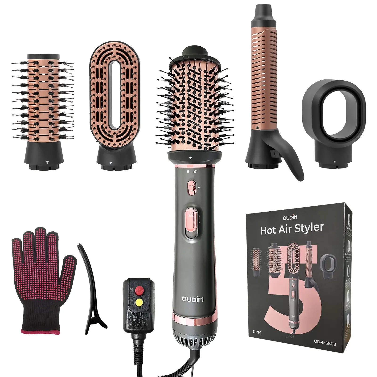 OUDIM 5in1 Hot Air Styler with Negative Ion Tech for Frizz-Free Styling, Ultra-Fast Drying, 3 Temperature Levels, Compact & Lightweight, Ideal for Women, Hair Care Set with Oval & Round Brushes, Curling Iron, Ergonomic Handle, Salon-Quality Results