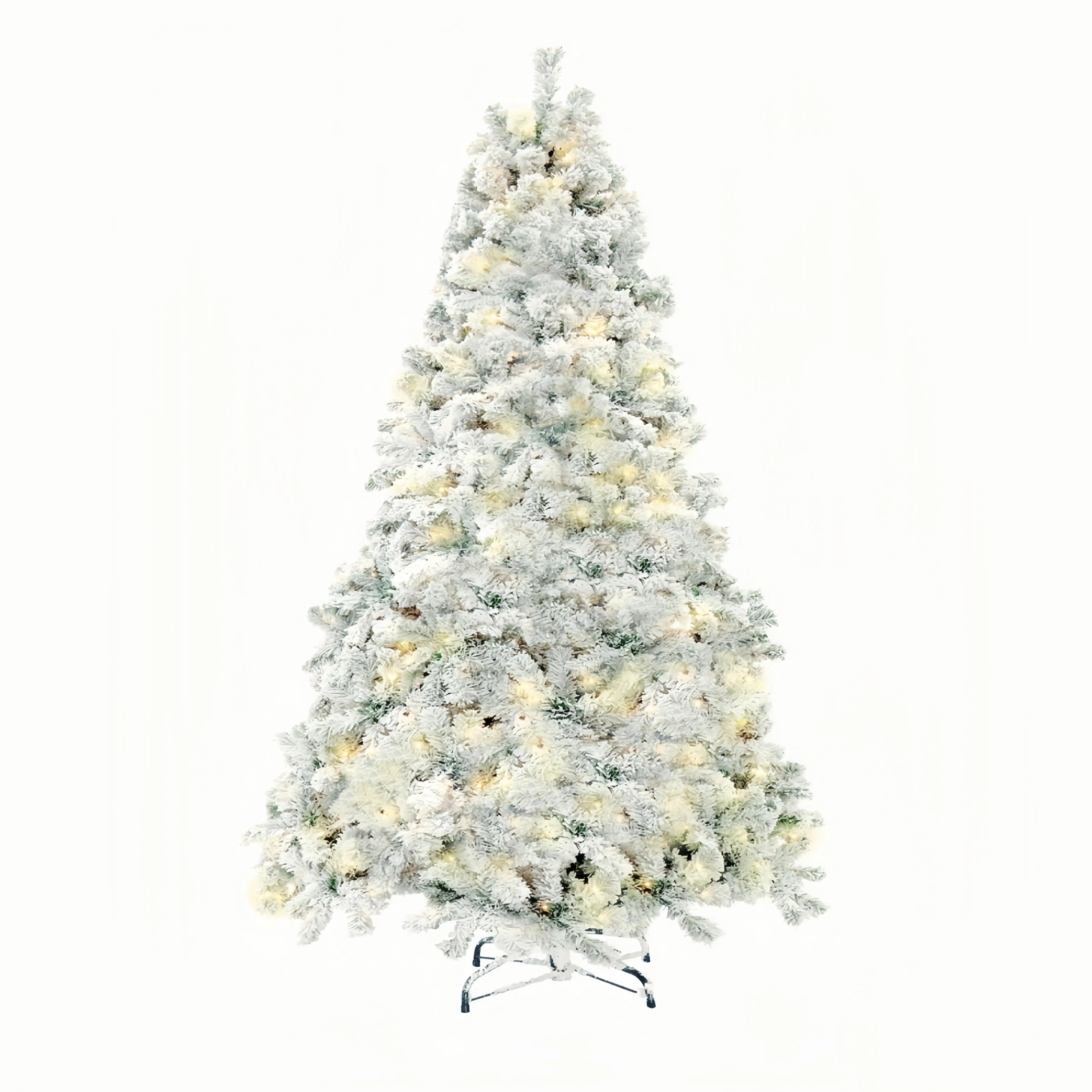 【Crazy Price】6-7.5ft Pre-lit Artificial Christmas Tree with Warm White Lights, Snow Flocked Full Prelighted Xmas Tree Decor Metal