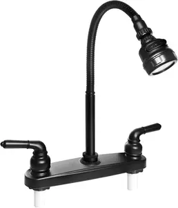 RV Kitchen Faucet,Camper RV Kitchen Sink Faucet Replacement with 2 Handles Flexible Spout 360 Swivel Rotatable Tri-Function Sprayer for Motorhomes,Travel Trailers,8 inch 2 Hole,Non-Metallic,Black