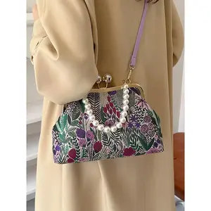 Women's Fashionable Floral Print Crossbody Bag, Handbag Shoulder Purse, Casual Versatile Pearl Decorated Shoulder Bag for Daily Used, Suitable for Holiday Scenes