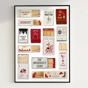 Vintage Matchbox Print, Trendy Matches Poster, Retro Cocktail Bar Cart Print, Funky Red Aesthetic Wall Art For Apartment, Western Matchbox Poster Prints No Framed, Gifts For Him Her, Wall Art, Dorm Room Decor, Art Posters