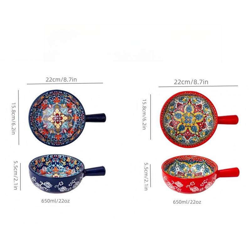Boho Style Ceramic Salad Serving Bowls with Handle, 2 Counts/set Colorful Flower Pattern Bowl, Microwave & Oven Safe Bowl for Home Baking & Serving, Dinnerware