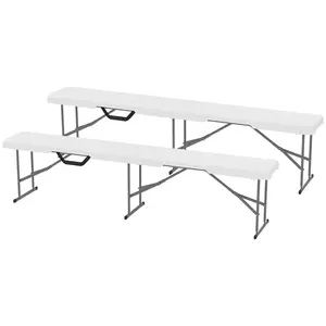 2 Pack 6 ft Portable Foldable Bench Seats White HDPE Benchtops Powder-Coated Metal Frames with Carrying Handle for Camping Picnics Barbecues Strong Construction Non-Slip Pads Safe Locking Mechanism