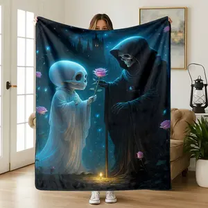 Rose Offering Flannel Blanket Grim Reaper & Skeleton Print Pattern UltraSoft Lightweight Warm Cozy for Halloween Decor Gothic Home Spooky Season Anniversary Sympathy Gift Best Friend Comforting Present summerwins
