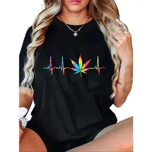 100% Cotton Unisex Weed Funny Cannabis Marijuana Leaf Heartbeat Stoner Tie Dye T-Shirt Casual Top