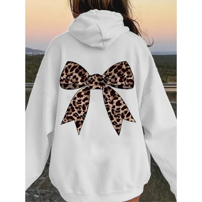 Women's Leopard Print Bow Detail Hoodie - High Street Casual Pullover with Pockets, Comfortable Autumn Winter Fashion, Machine Washable Versatile Sweatshirt, Cute Hoodie with Durable Fabric