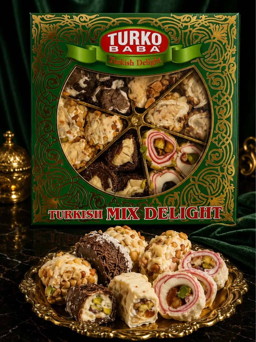 Turko Baba Turkish Mix Delight – Assorted Premium Turkish Lokum with Pistachios, Nuts & Chocolate 350