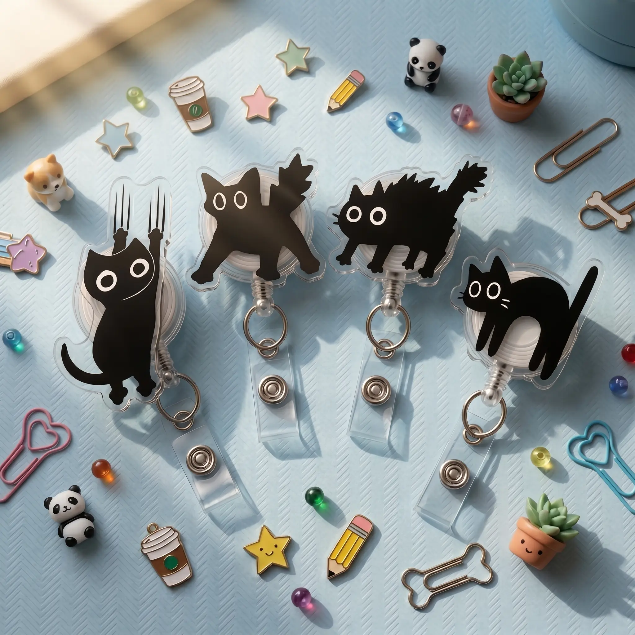 Funny Scared Black Cat Acrylic 2D Badge Reel Set Retractable ID Card Holder Pack Cute Spooky Void Cat Name Tag Clip for Nurse Teacher Office Gift