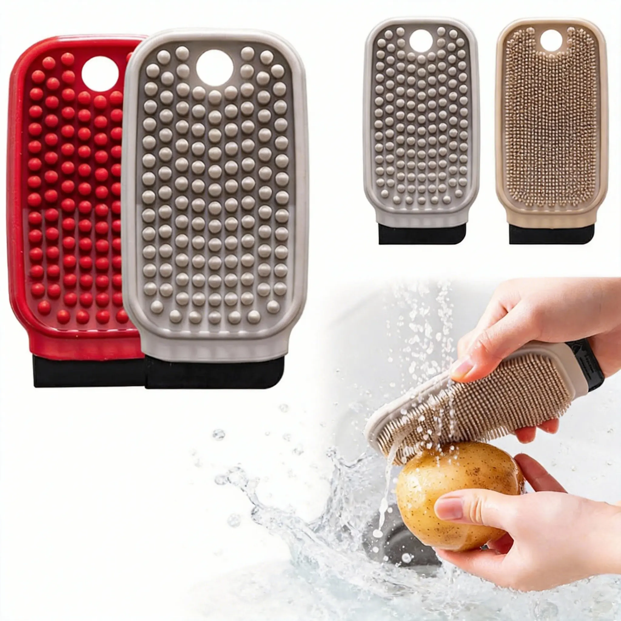 Silicone Vegetable & Fruit Scrubber Brush - Dual Hard-Soft Sides, Removable & Washable, Flexible Winter Kitchen Cleaning Tool for Potatoes, Carrots