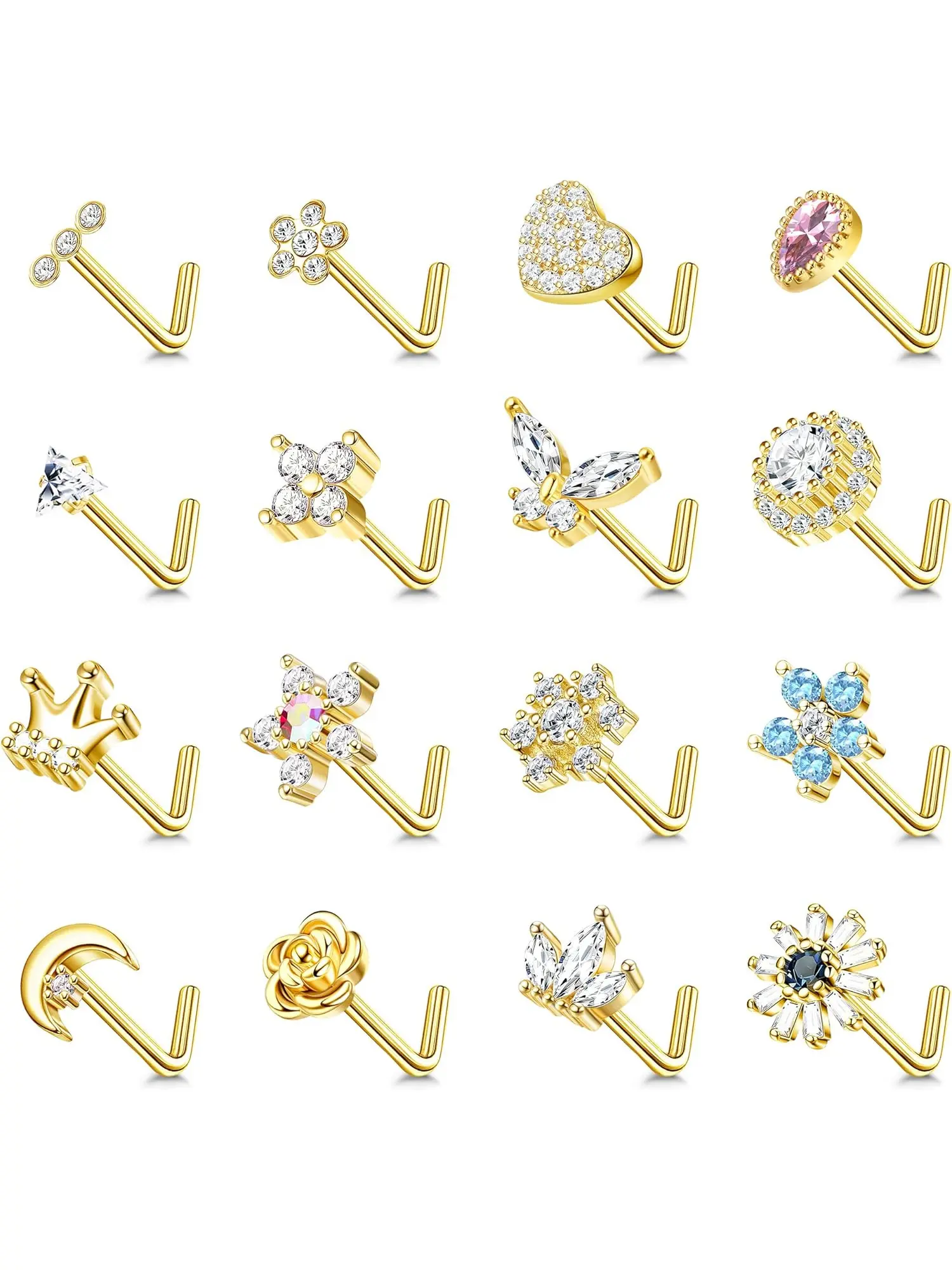 16Pcs 20g Nose Stud Rings L Shape Nose Studs Stainless Steel Cubic Zirconia Butterfly Flower Crown Shape Nose Studs Fashion Body Jewelry Piercing Jewelry Body Jewellery for Women Men