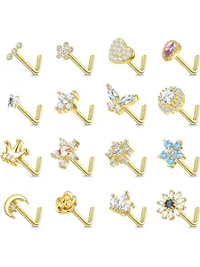 16Pcs 20g Nose Stud Rings L Shape Nose Studs Stainless Steel Cubic Zirconia Butterfly Flower Crown Shape Nose Studs Body Jewelry Piercing Jewelry for Women Men