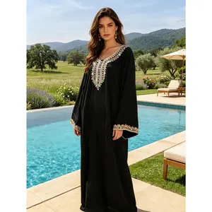 Elegant Black Embroidered Kaftan Maxi Dress Modest Boho Flowy Gown | Size Inclusive S-XL | Perfect for Evening Dinner, Church, Vacation & Daily Chic