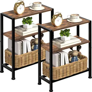 Narrow Side Table Set of 2 for Small Space, 2-Tier Small End Table with Shelf Holder, Slim Nightstand, Skinny Snack Couch Table in Living Room, Bedroom, Study, Kitchen and Balcony (Rustic Brown)