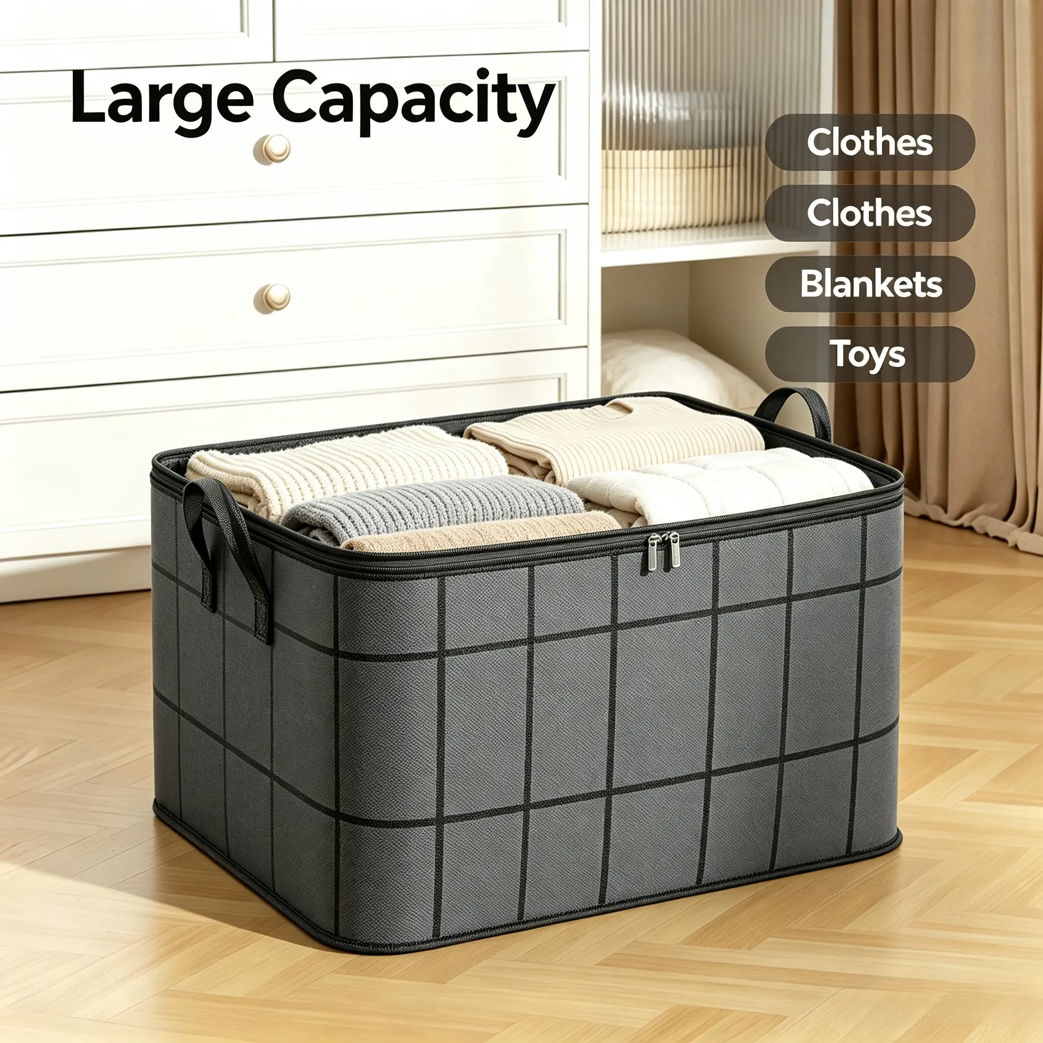 Large Capacity Storage Bin for Clothes Blankets & Toys Durable Organizer with Grid Design and Handles