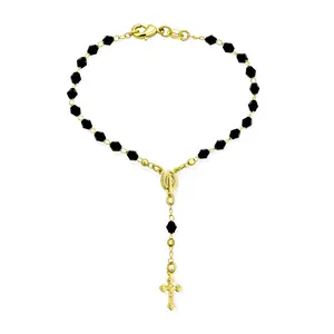 Rosary Bracelet Christian Religious Black Beads Virgin Mary Crucifix Prayer Yellow Gold Plated