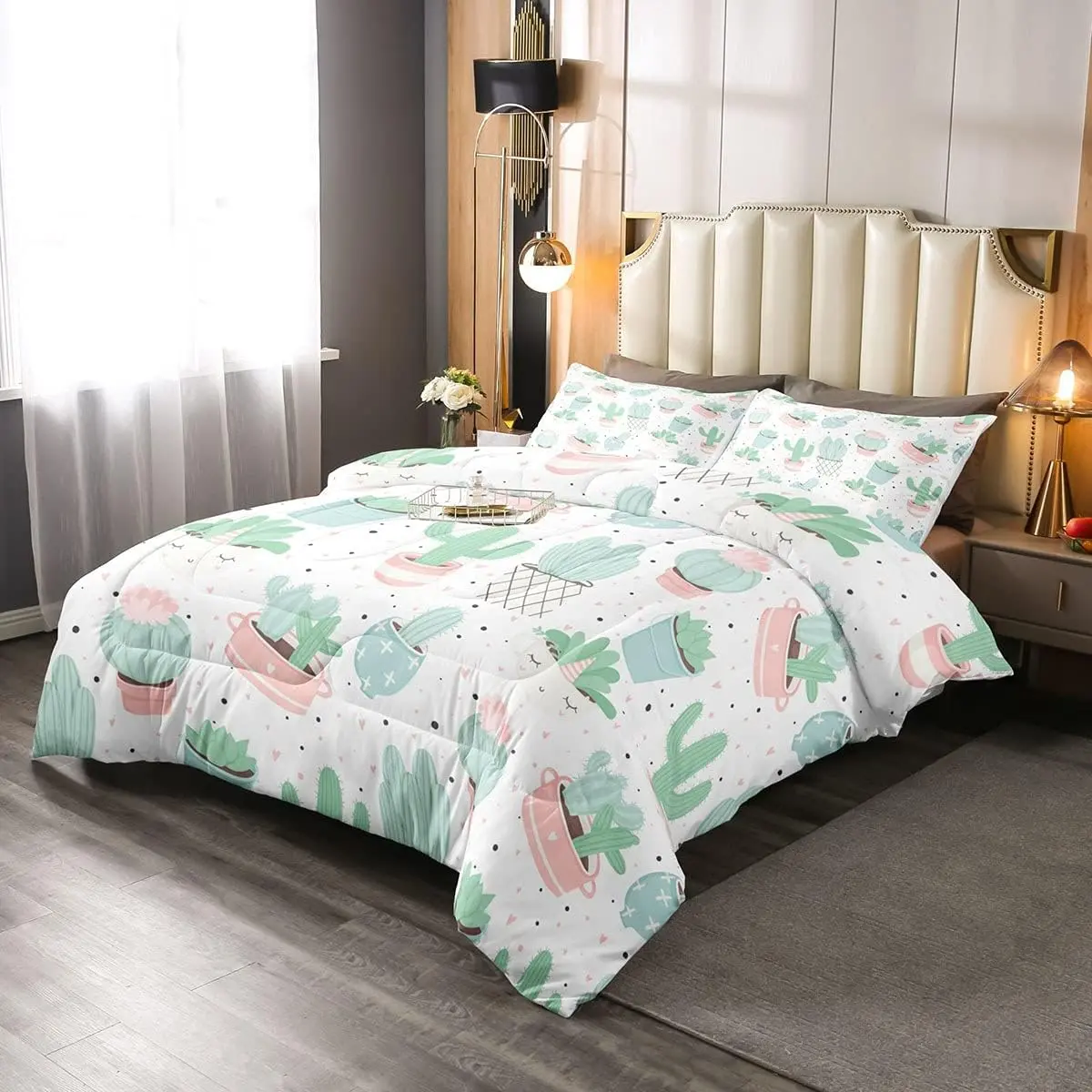 Cactus Theme Quilted Bedding Sets - Cozy Aesthetic, Breathable, Machine Washable, Pastel Pink Green, Plants-Inspired Boho Luxury Comforter Duvet Insert for Twin/Toddler/Modern Bedroom Multi-Size Home Decor