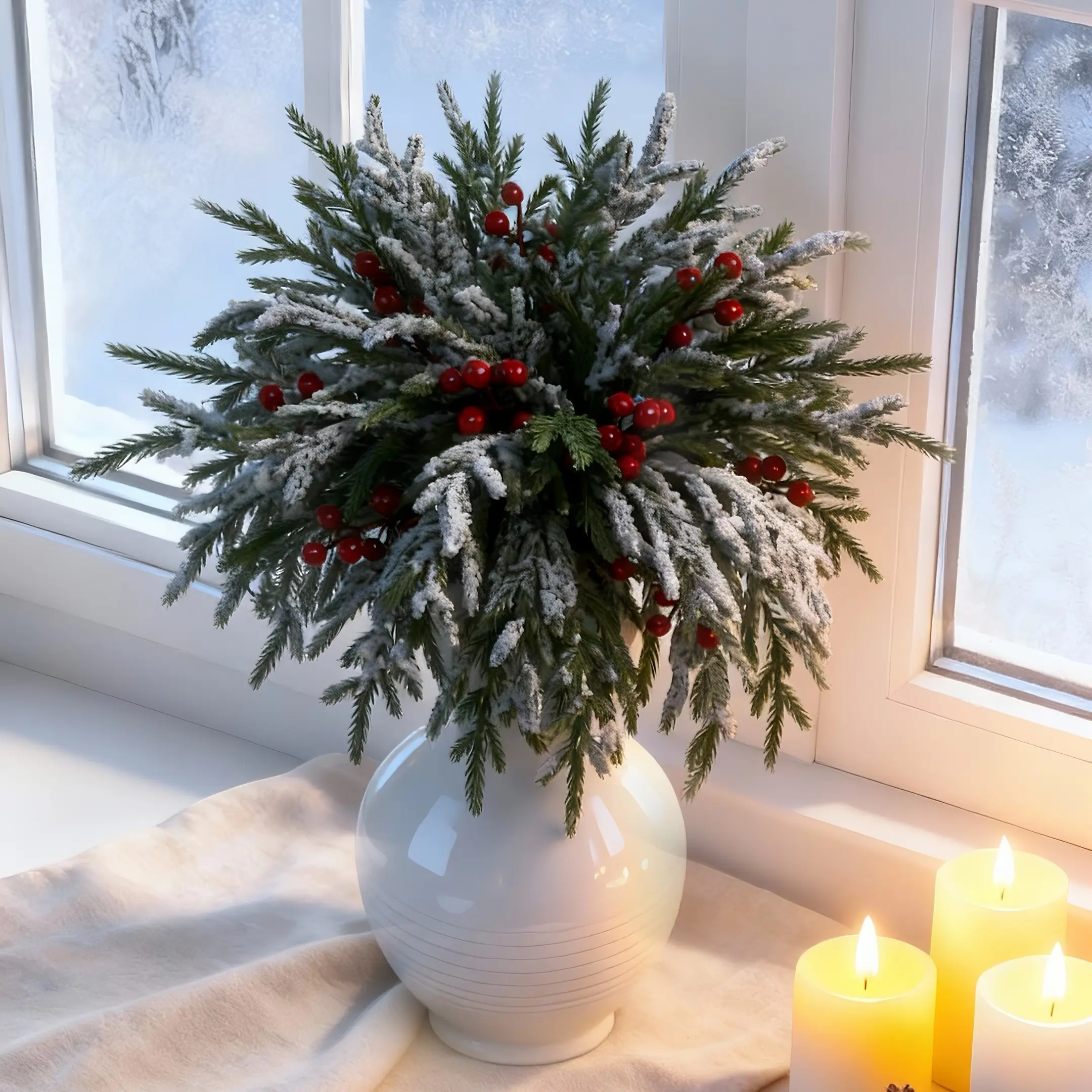 Christmas Decorations 20 Artificial Norfolk Pine Branches and  Berry Stems, Frosted Green Pine Stems for Christmas Decor, Vase Filling, DIY Wreaths, and Holiday Home Decorations,  Christmas and new year party decorative ornament, Realistic  Cedar Gar