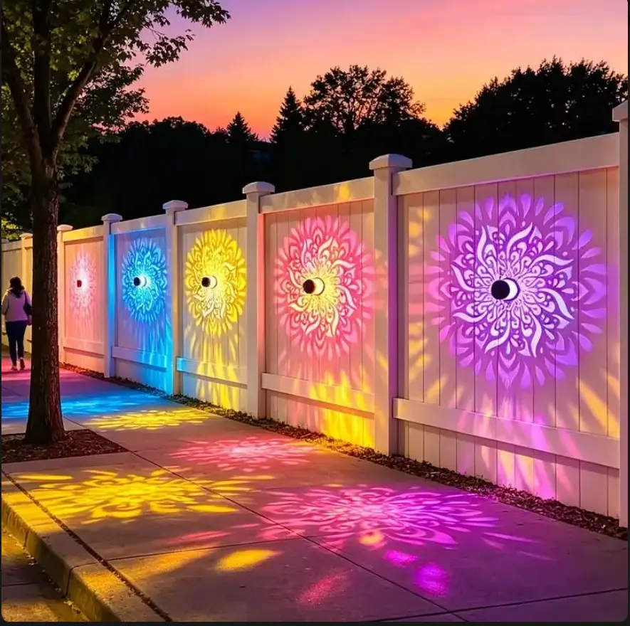 【 Dual RGB Color Changing Solar Mandala Projector Wall Light 】 Durable and Waterproof Metal Fence Light, Suitable for Outdoor Decorative Lights in Gardens, Courtyards, Backyards, and Courtyards, Suitable for Party and Camping Lighting