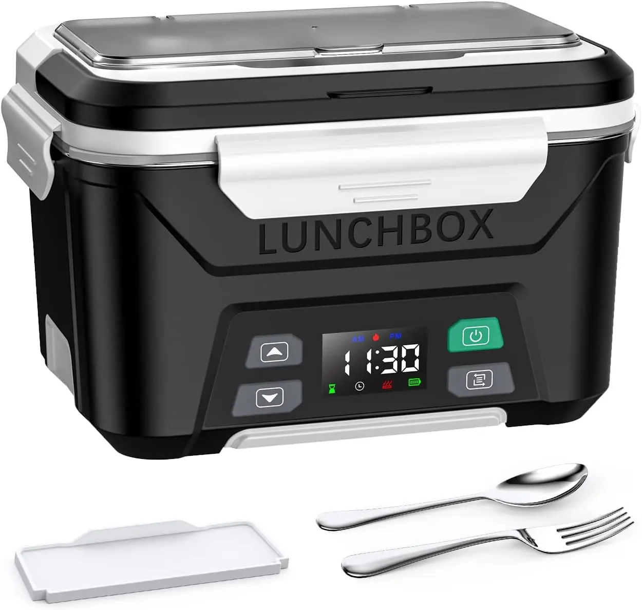Docusvect Cordless Electric Heated Lunch Box with Timer, 5.5-Cup Portable Food Warmer Tableware Set with Stainless Steel Container, Washable Removable Tray Divider, Insulated Bag, Fork & Lid