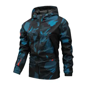 Men's Stylish Camo Windbreaker Hoodie Jacket - Lightweight, Zip-Up, Long Sleeve with Elastic Cuffs & Hem, Durable Polyester Blend, Machine Washable - Perfect for Hiking, Running & Casual Outdoor Wear Sport Activewear Menswear Coats