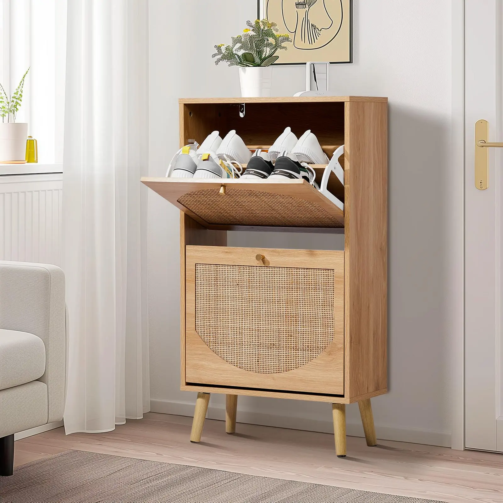 Karlhome Rattan Shoe Cabinet with 2/3/4 Flip Drawers, Freestanding Shoe Storage Cabinet for Entryway Slim Hidden Shoe Cabinet with Open Shelf Boho Narrow Shoe Rack Cabinet for Hallway