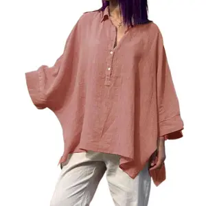 Solid Color Cotton Linen Batwing Sleeve Blouse, Oversized Stand Collar Half Button Top, Women's Casual Slim Fit Shirt
