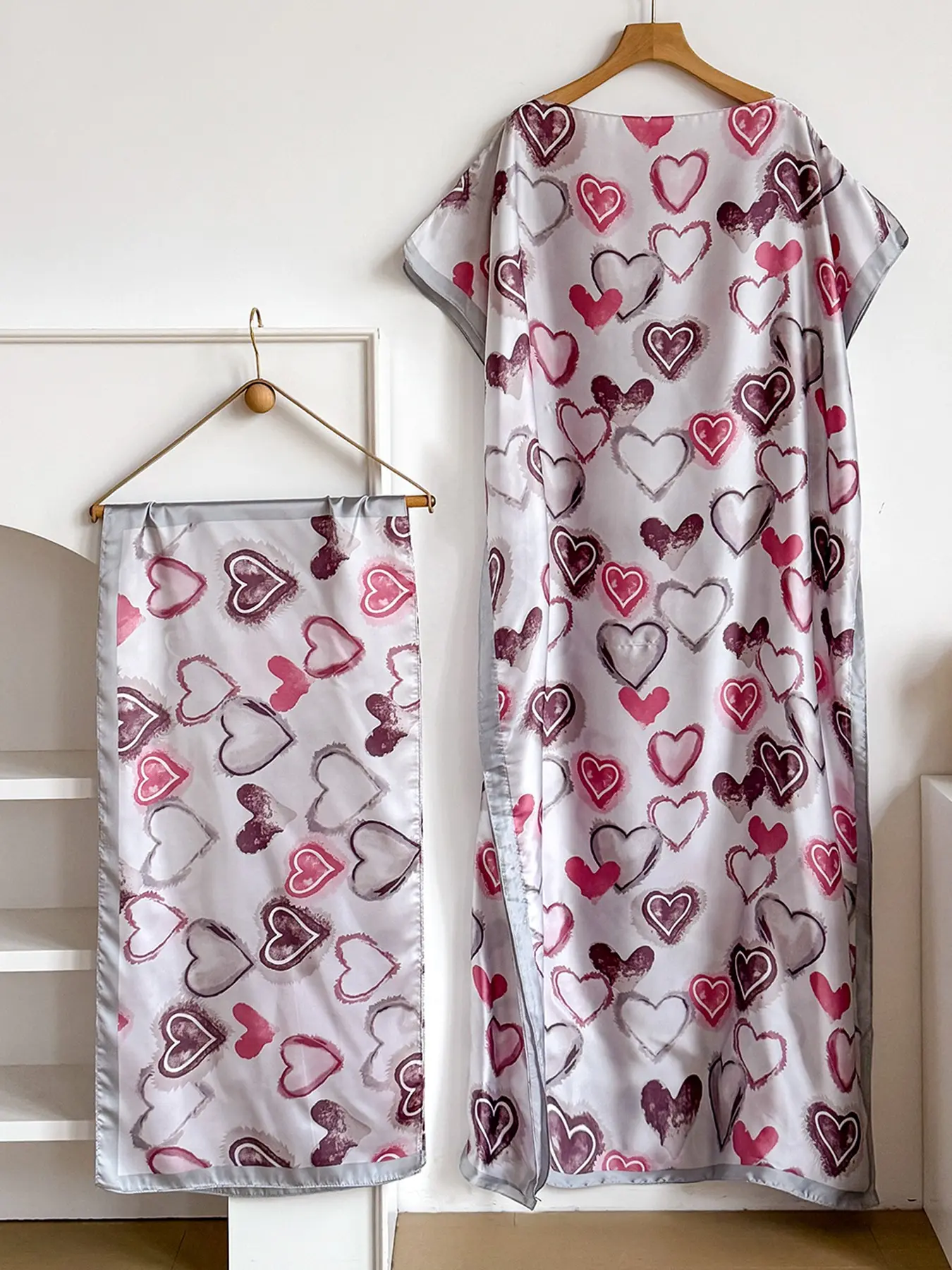 Elegant Long Robe Set with Multicolor Heart Print Shawl, Moomoo Dress + Headscarf Silk Scarf for Women, Beach Sun Protection