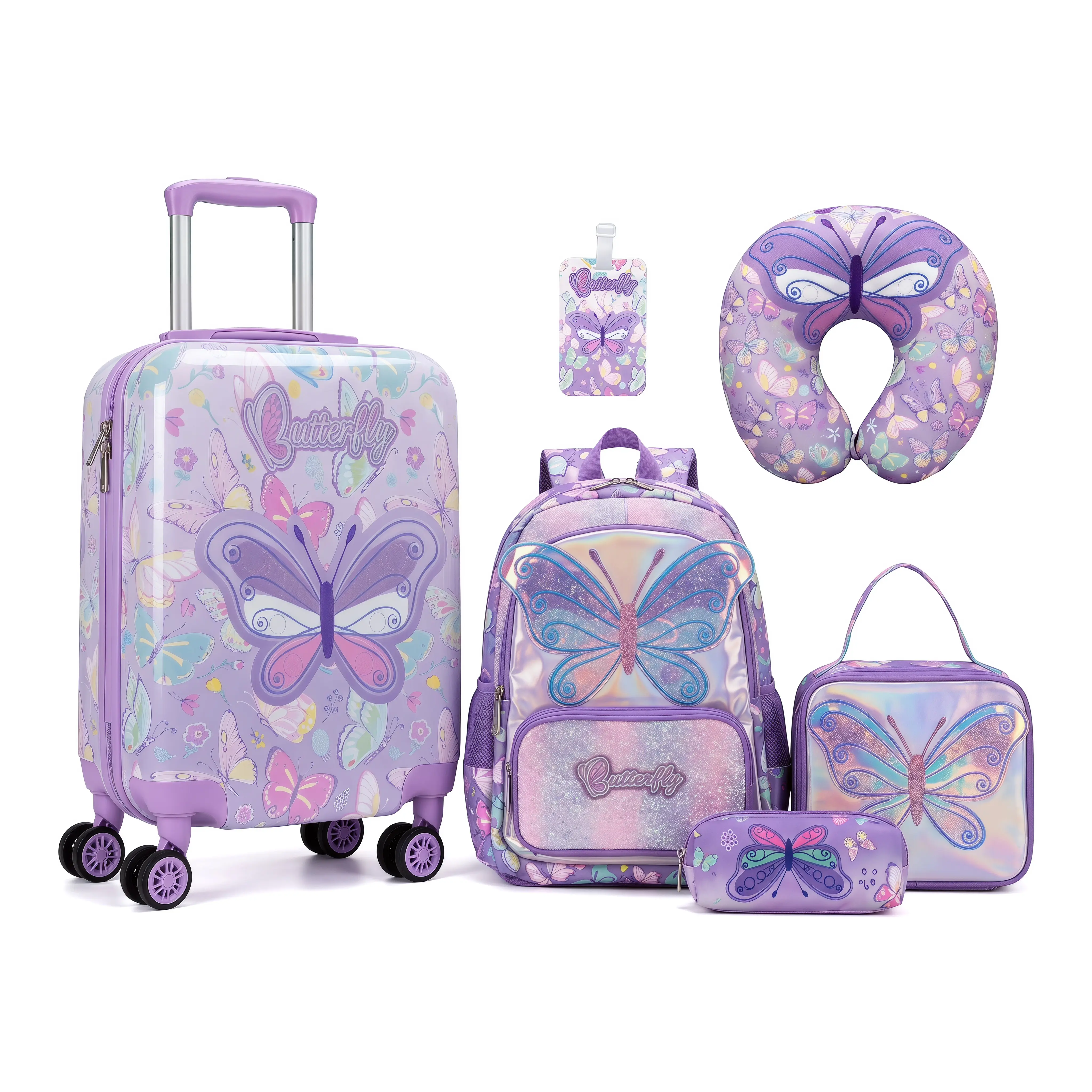 Girls 6-Piece Luggage Set with Glitter Butterfly Hard-Side Spinner, Embroidered Backpacks, and Neck Pillow for Back to School Haul, Embroidery, School Backpacks