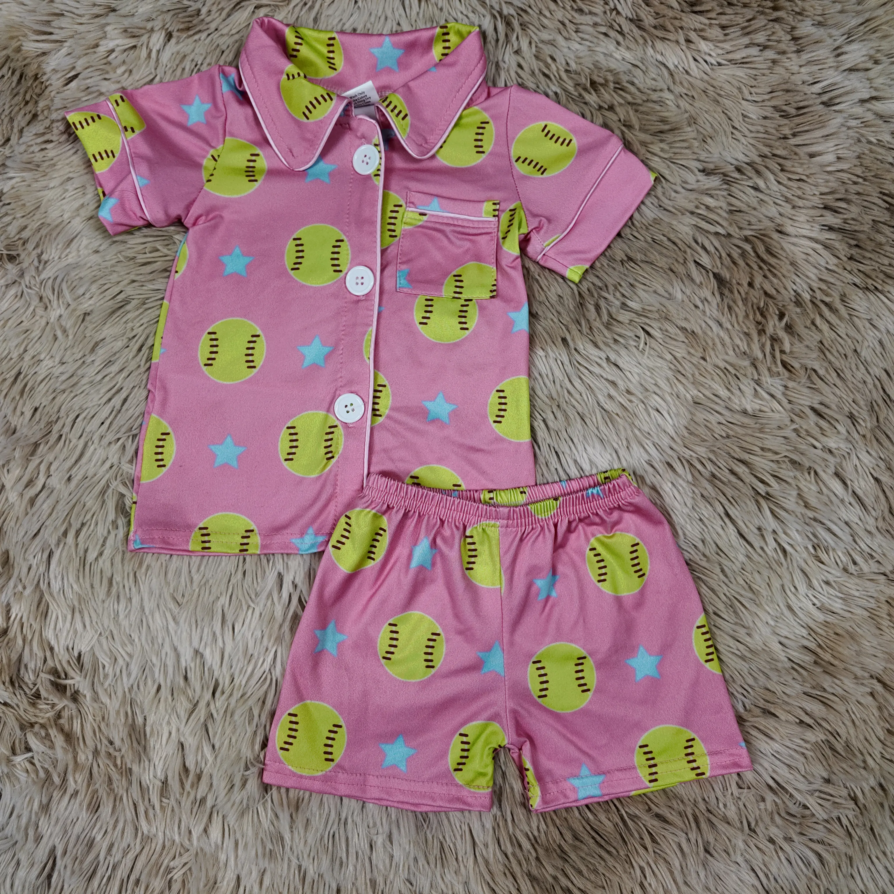 Girls' Sporty Chic Sleepwear Set, 2-Piece Button Down Pajamas with Graphic Softball Print for Summer, Short Sleeve Kids' Loungewear