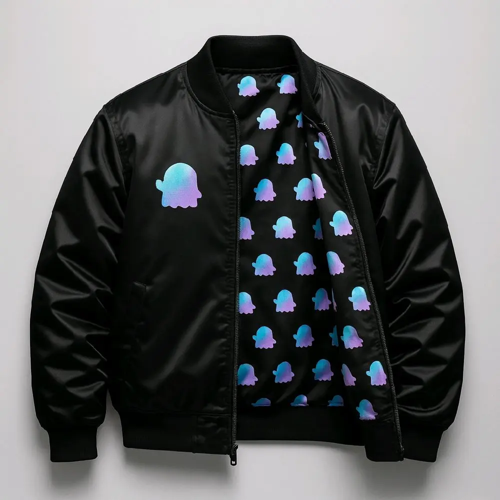 Ghost Pattern Bomber Jacket - Black Satin Outerwear with Vibrant Ghost Design for Men