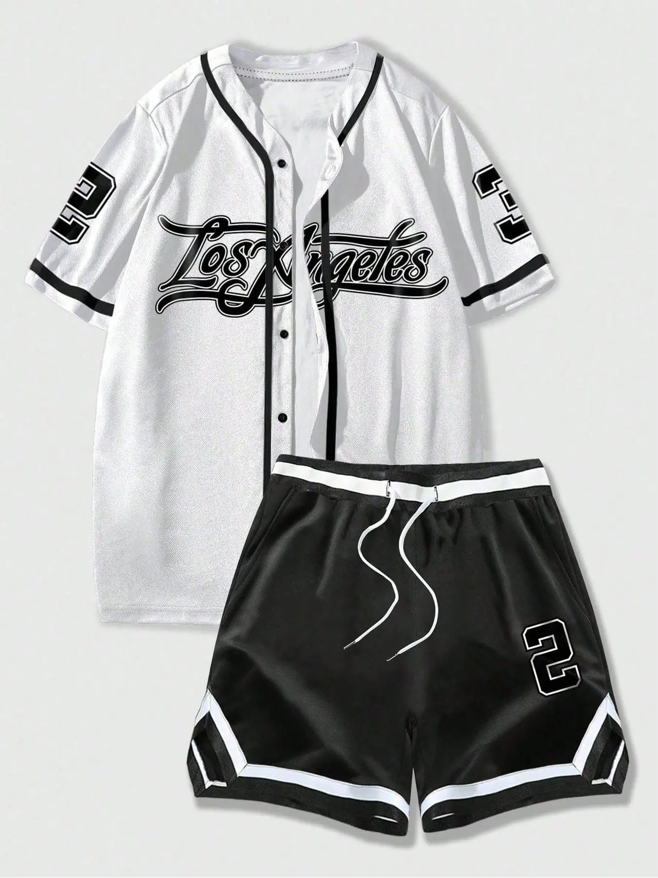 Two-Piece Set Men's Letter & Striped Print Short Sleeve Baseball Jersey & Shorts, Loose Casual Round Neck Baseball Top & Shorts, Summer Sports Clothing Set for Men