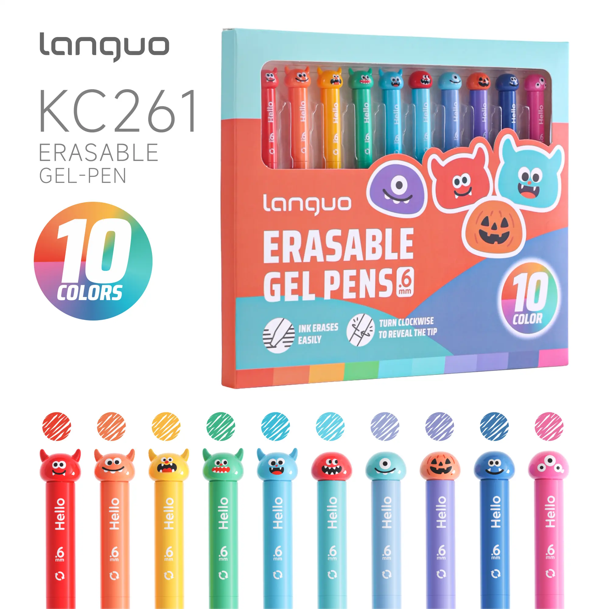 Languo 10-Color Erasable Gel Pen Set, 0.6mm Erasable Tip, Cute Designs Animal Theme Colorful Caps, Safe Rotation Tip, Gel Ink, for Students & Teachers, Office Stationery Art Supplies