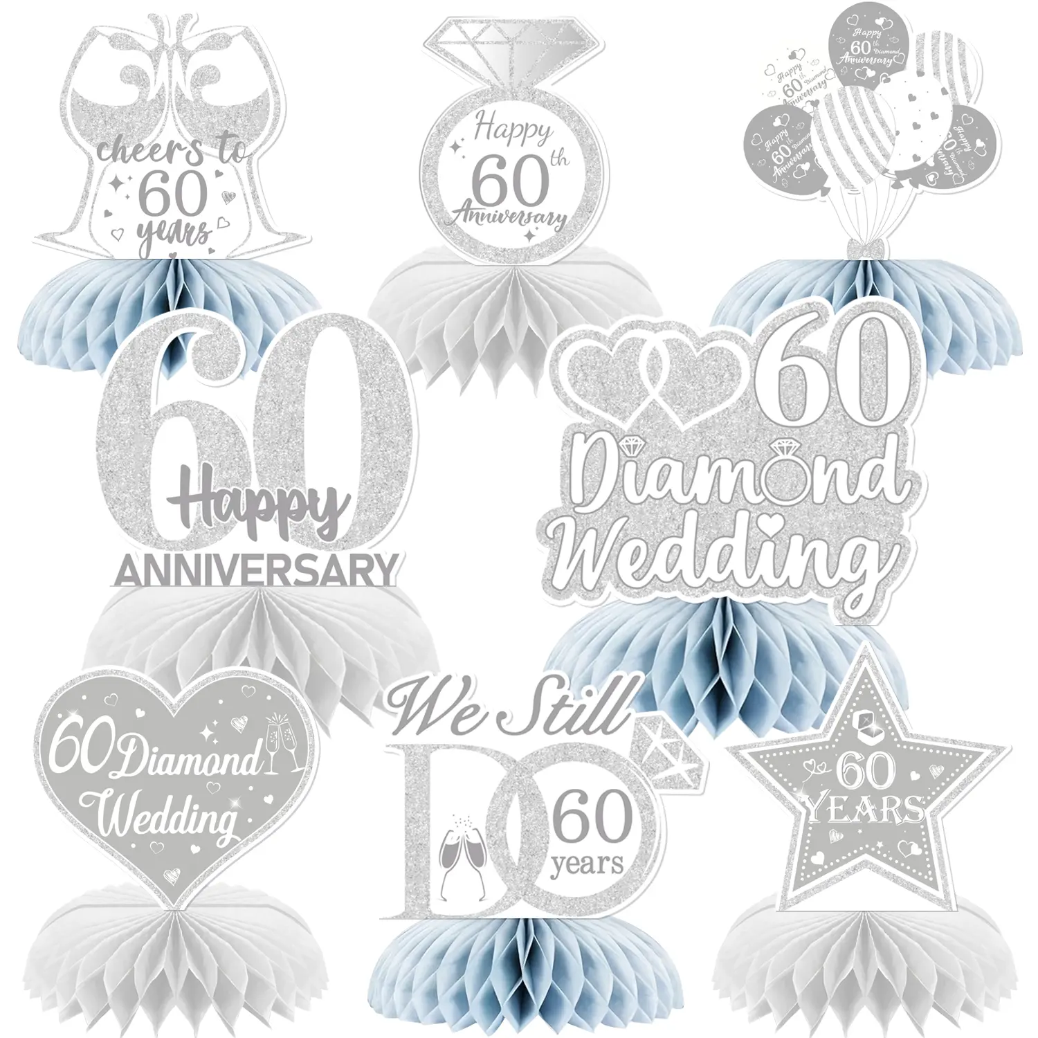 8Pcs 60th Wedding Anniversary Centerpiece Decorations Table Decorations, 60th Anniversary Honeycomb Centerpiece Diamond Anniversary 60th Wedding Anniversary Decorations, Room Decor Ornament Table Centerpieces