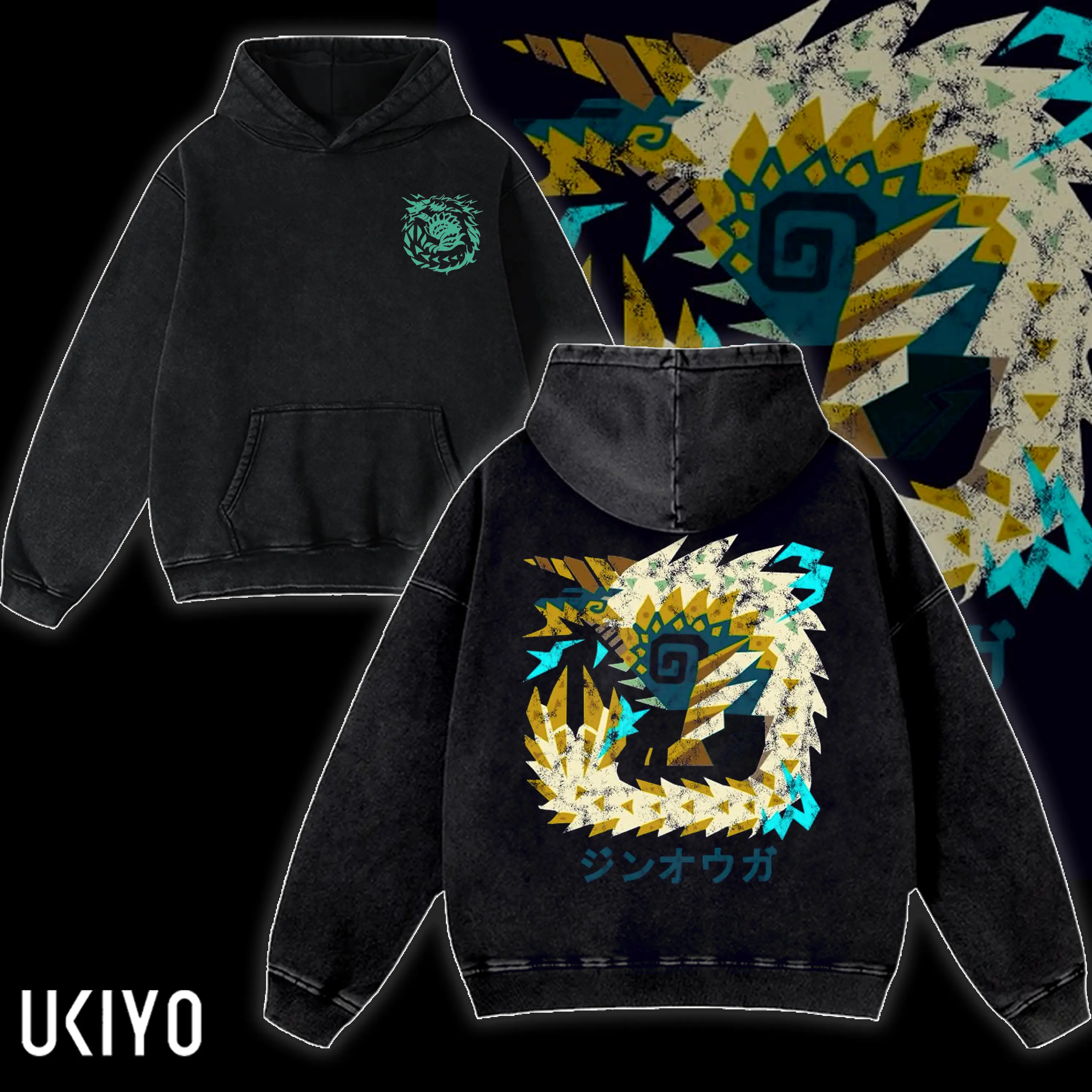 Monster Hunter Zinogre Hoodie Vintage Acid Wash Oversized Streetwear Heavyweight Cotton Pullover Thunder Wolf Wyvern Graphic Gaming Merch Sweatshirt