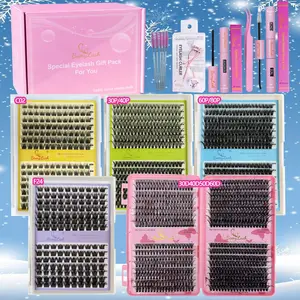 Cluster Lash Kit, Puff Lash Clusters,different styles and length DIY individual false eyelashes extension with bond seal remover applicator and lash brushes,gift packed for christmas gift for family or girlfriend
