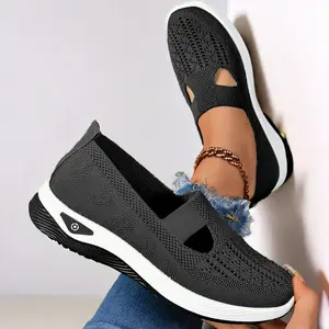 Women's Summer Breathable Hollow-Out Casual Shoes, Knit Mary Jane Flats, Wedge Non-Slip Soft Sole Walking Shoes for Seniors
