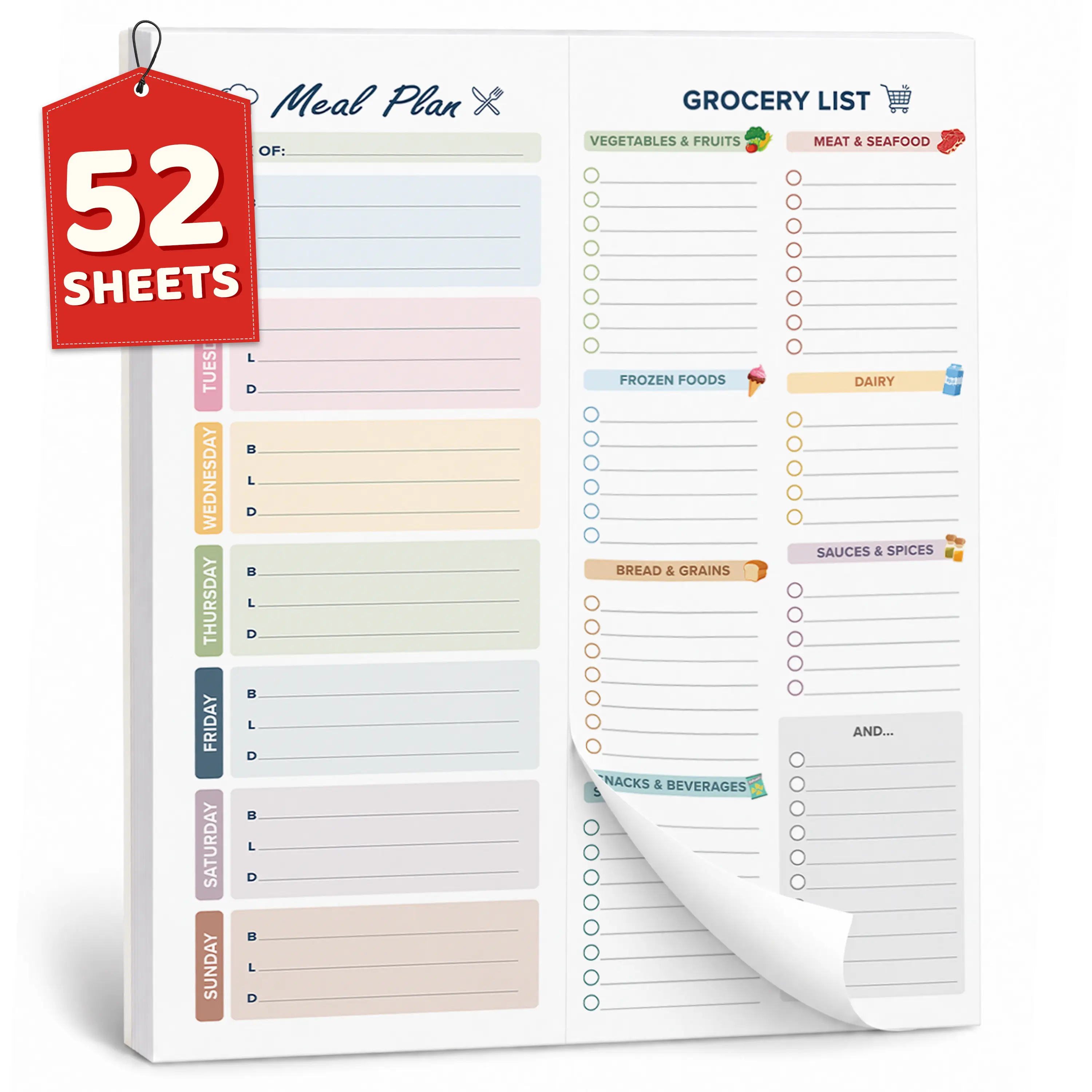 52 Sheets Magnetic Meal Planner for Fridge, Weekly Meal Plan & Grocery List Pad, Tear-Off Shopping List, 8.5x11, Magnetic Backing, Kitchen Organizer for Meal Prep, Families & Home
