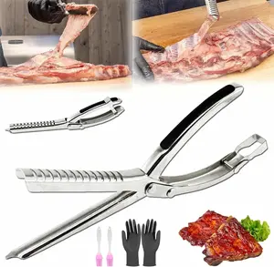 1 Set Rib Membrane Removal Tool,Stainless Steel Rib Prep Tool Membrane Remover,BBQ Rib Prep Tool with Arc Clamp & Non-Slip Grip for Easy Rib Skinner, Kitchen Gadgets for Barbecue Enthusiasts & Chefs