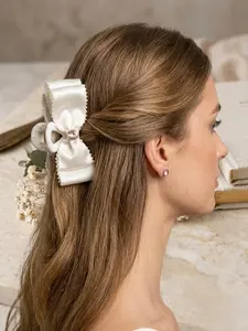 Chrisom Handmade Ivory Satin Bow Hair Claw Clip with Beaded Scalloped Edge, Whimsical Balletcore Ribbon Bow for Women & Girls, Wedding Bridal Hair Accessory