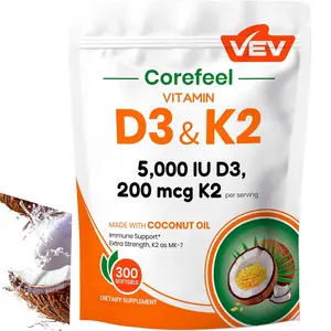 Corefeel Vitamin D3 K2, 5000 IU D3 100mcg K2 (MK-7), 300 Softgels, 2-in-1 Vitamin D & K Supplement with Coconut Oil, Easy to Swallow