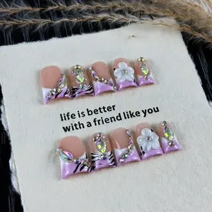 10pcs high-end Retro Gothic style, hand-painted zebra pattern, three-dimensional embossing, dazzling glittering diamonds handmade fake nails, Suitable for dark and cool girls, street dancers, bar DJs, guitarists for carnival events, nail stickers for part