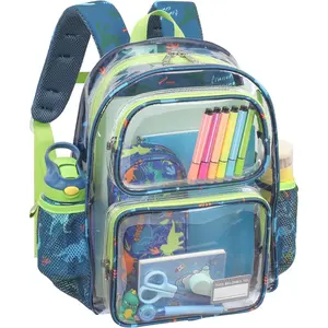 L-CPB020 Clear Backpack for Kids - 15 Inch Clear Bookbag for Boys Aged 3 to 8 Heavy Duty Transparent Backpack for School, Safe Reflective Strip, Cute Fabric Back Panel, Green Dinosaur