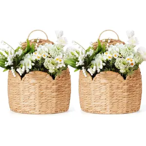 2 count Door Basket Scalloped  Storage Basket,Water Hyacinth Woven Wall Baskets for Front Door Decor, Hangable Storage Organize ,Planter,Mails,Wicker Baskets for Organizing Garden - L*2